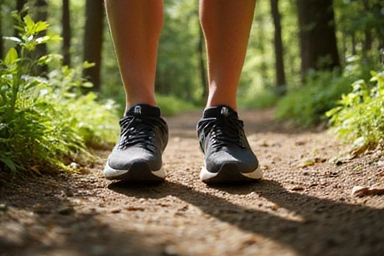 Un par de zapatillas de correr sobre un camino de tierra en un bosque soleado, con hojas verdes y luz filtrándose a través de los árboles, evocando actividad física y naturaleza.
