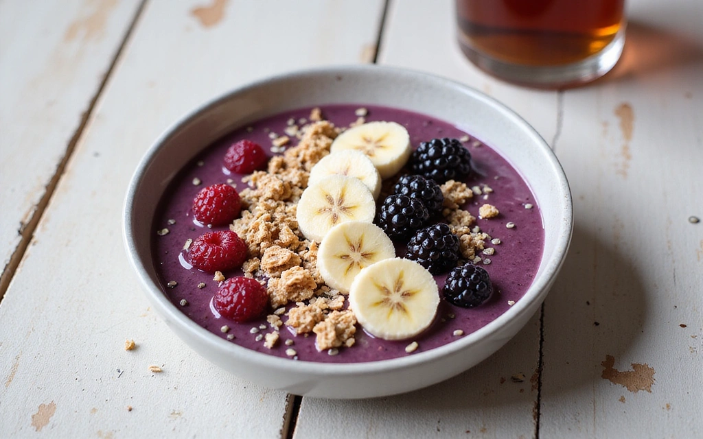 Un tazón de vibrantes bayas de acai con granola, rodajas de plátano, coco rallado y semillas de chía, sobre una mesa de madera clara, con enfoque en la textura y el color de los ingredientes.
